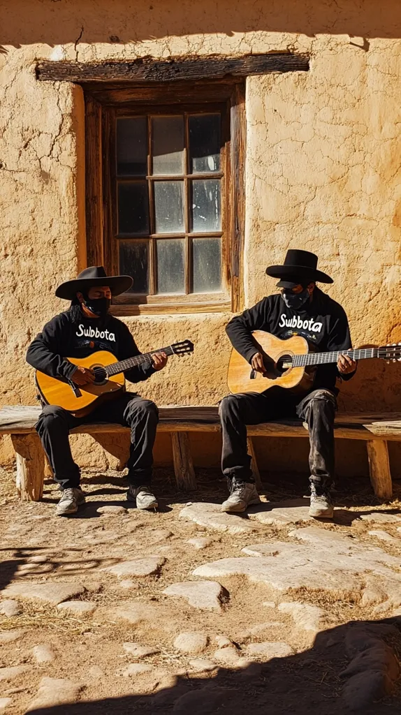 Two men in black hats and black shirts with the word "Subbota" on them are sitting on a wooden bench in front of a building with a window. They are both playing acoustic guitars, and the ground in front of them is made of loose stones. The building has a yellow exterior.