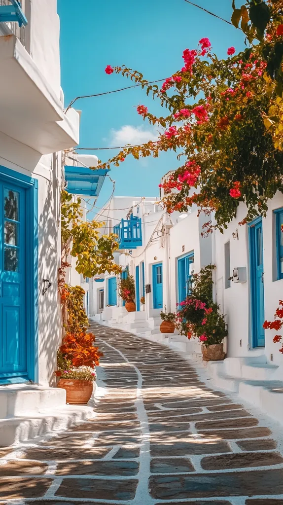 A narrow, cobblestone street winds through a row of whitewashed buildings, each adorned with bright blue doors. The street is lined with potted plants, and above, a vibrant bougainvillea blooms in the sunshine. The scene evokes a classic Greek island aesthetic, with a charming simplicity and warmth.