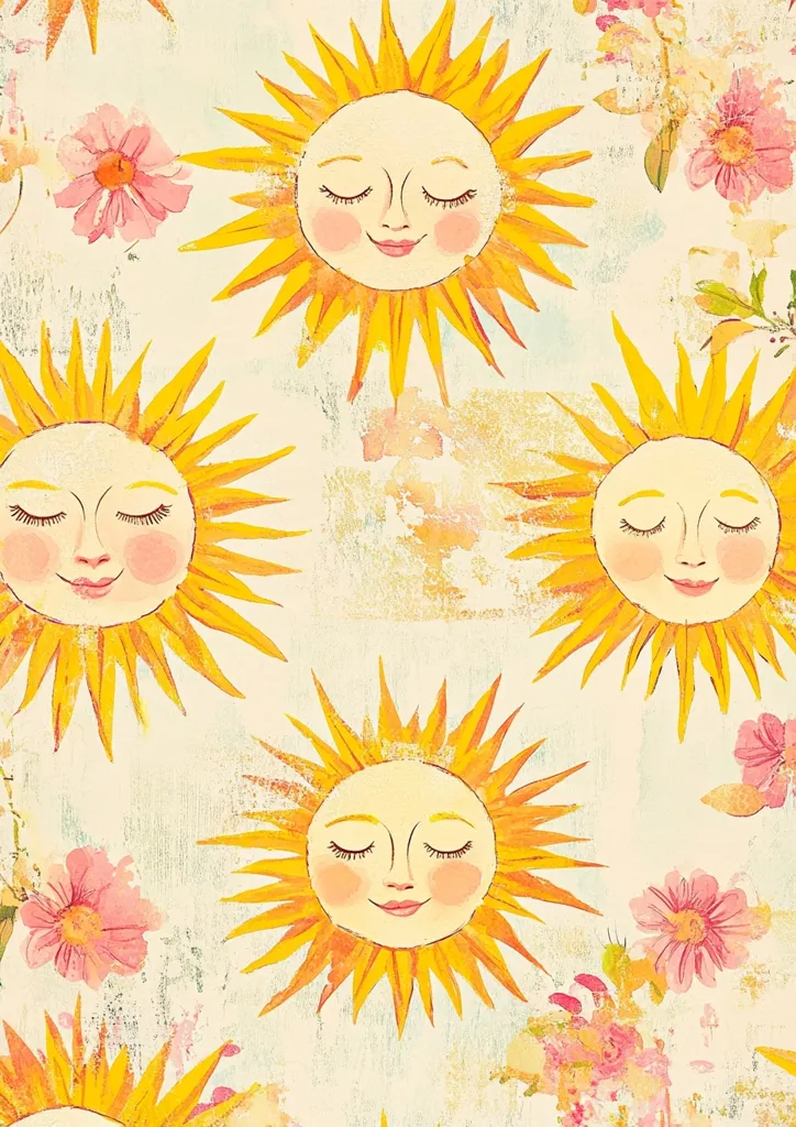 The image depicts a cheerful pattern of smiling suns with closed eyes against a light cream background with pink flowers. The suns have yellow rays and warm, rosy cheeks, creating a happy and sunny vibe. The faded background and textured brushstrokes add a vintage touch to the design.  The pattern is simple yet visually appealing, conveying a sense of joy and optimism.