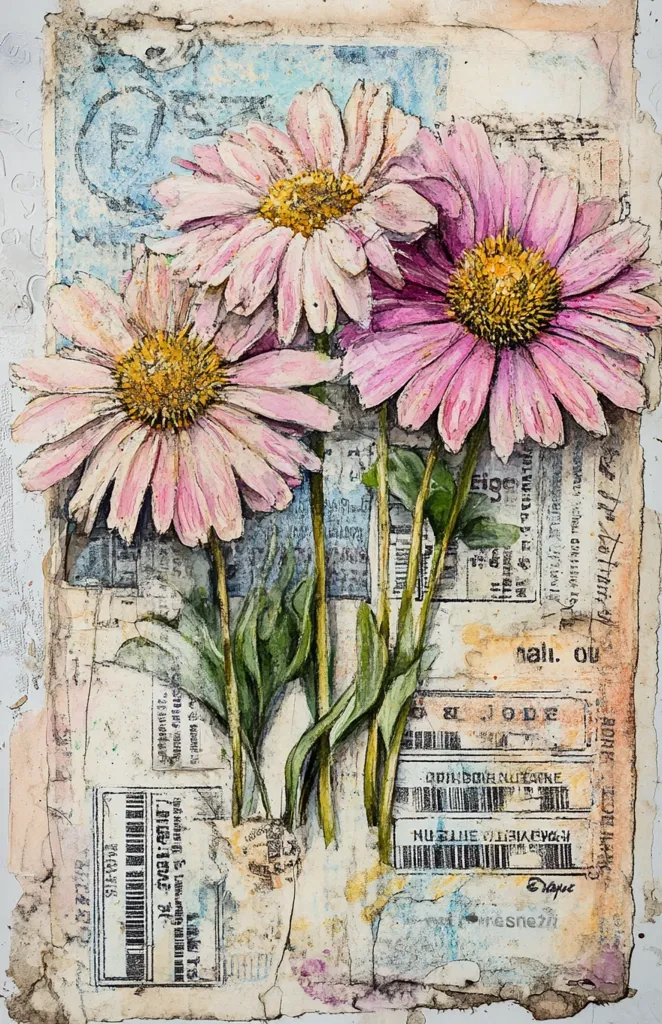 A close-up watercolor painting of three pink daisies with yellow centers, painted on a background of old, tattered, and faded postage stamps. The flowers are in focus, while the background is blurred and out of focus. The painting has a vintage and nostalgic feel.