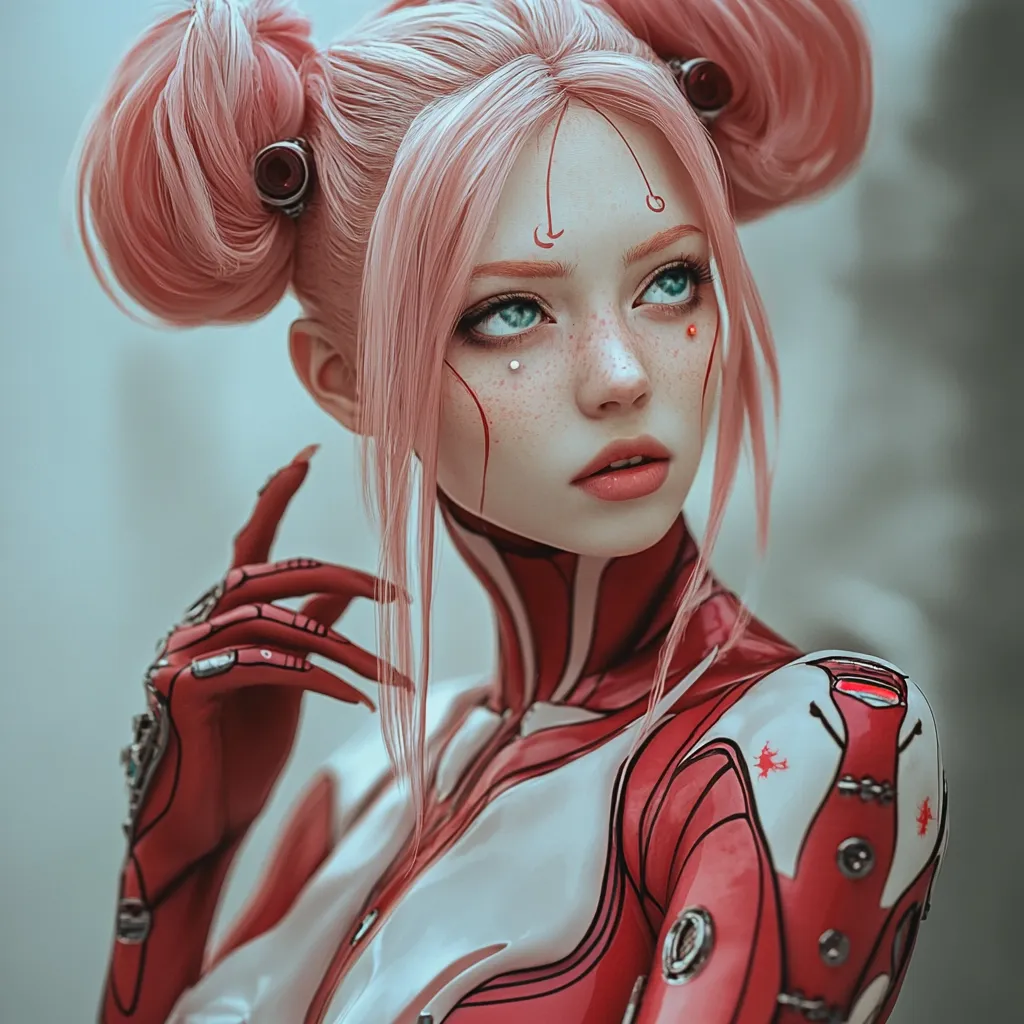 A female figure with pink hair styled in two buns, wearing a white and red futuristic suit, looks off to the side with a wistful expression. Her skin is pale, adorned with delicate freckles and red markings on her face, accentuating her sharp features.  Her red gloved hand rests gently on her chest.