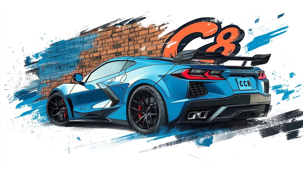 The image is a cartoon-style depiction of a blue Chevrolet Corvette C8. The car is parked in front of a brick wall, with the rear end facing the viewer. A large "C8" logo is visible above the car, along with blue paint splatters. The image is a celebration of the C8 Corvette, with its bold design and powerful performance.