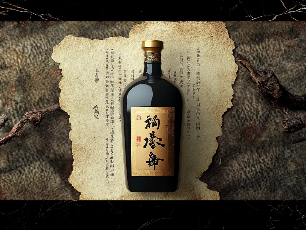 The image features a bottle of dark liquor with a gold label and Chinese characters on it. The bottle is sitting on a vintage, aged piece of parchment paper with more Chinese characters. The background is a textured, dark brown fabric with a few twig-like branches. The overall aesthetic is elegant, traditional, and subtly luxurious. The image evokes a sense of history and heritage.