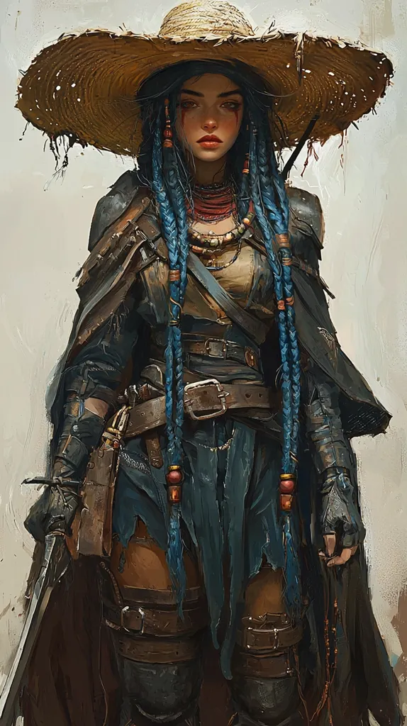 A young woman with long blue braids and a straw hat stands confidently in a tattered, dark blue outfit. She is adorned with leather belts and straps, and her serious expression suggests she is a skilled warrior. The worn leather of her clothing and the glint of a dagger in her hand further reinforce her tough persona. Her intense gaze and the rugged background create a sense of mystery and adventure.