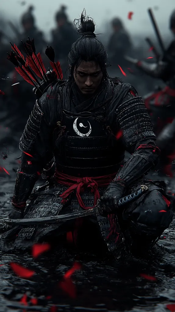 A samurai warrior in full black armor stands in a dark, rain-soaked battlefield.  He has a red sash tied around his waist and a sword in his hand.  There are arrows in his quiver, and the ground is littered with red petals.  His expression is fierce and determined, and the image suggests a scene of intense combat.