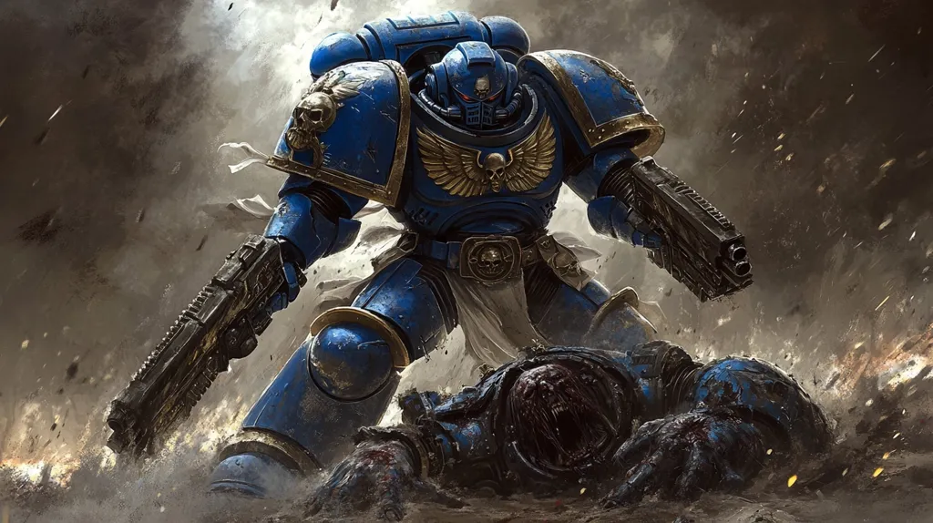 A blue-armored space marine stands over a fallen, rotting foe, his bolter still smoking. The marine's helmet bears a skull symbol, and his armor is adorned with golden trim. The scene is set against a backdrop of smoke and debris, suggesting the aftermath of a battle. The marine's stance is one of triumph and aggression, while the fallen foe's death throes are evident in its contorted body and exposed flesh.  The image evokes a sense of grim determination and the brutal nature of warfare.