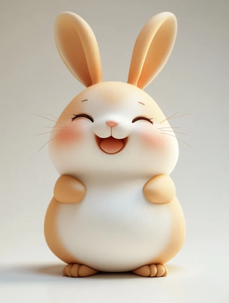 The image shows a cute, cartoon-like rabbit with big, floppy ears, rosy cheeks, and a wide, toothy grin. It's standing upright with its paws tucked in front of it, giving the impression of a playful and happy creature. The rabbit has a soft, cream-colored fur and is set against a plain white background, which highlights its cuteness. The overall image evokes feelings of joy and innocence.