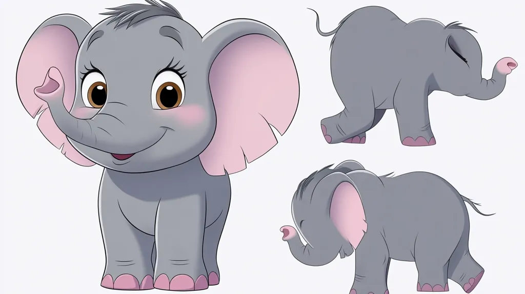 The image shows a cartoon baby elephant in three different poses. The first elephant is standing with its trunk raised and its eyes wide open. The second is walking, and the third is looking to the side. All three elephants are drawn in a cute and whimsical style, with large eyes and pink ears. They are all grey in colour and have a soft, fluffy appearance.  The image is a cheerful and heartwarming portrayal of a baby elephant.