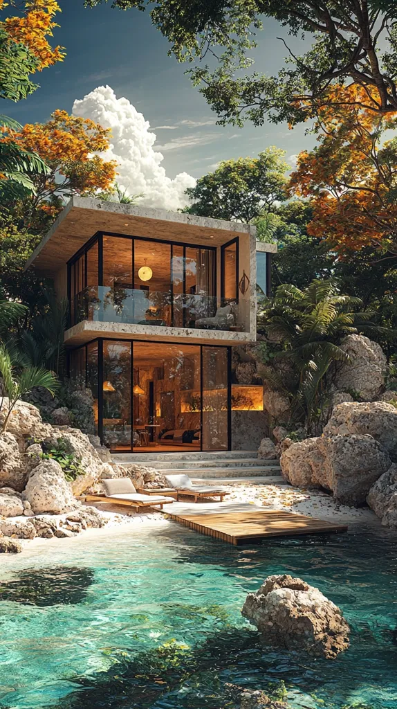 A modern, two-story house with large windows sits nestled amongst lush greenery and rocky cliffs. The house is open to the elements with a balcony on the upper level and a wooden deck leading down to a clear blue swimming pool. The sky is a vibrant blue with fluffy white clouds. The scene evokes a sense of tranquility and escape.