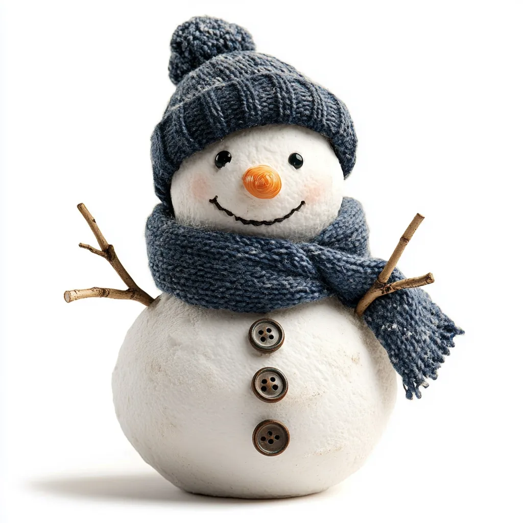 The image shows a snowman with a blue knitted hat and scarf. The snowman has a round white body, a small orange nose, and black eyes.  He is smiling cheerfully and has three buttons down his front. The snowman is holding two small twigs in his arms, as if he were waving. The background is white, highlighting the snowman.