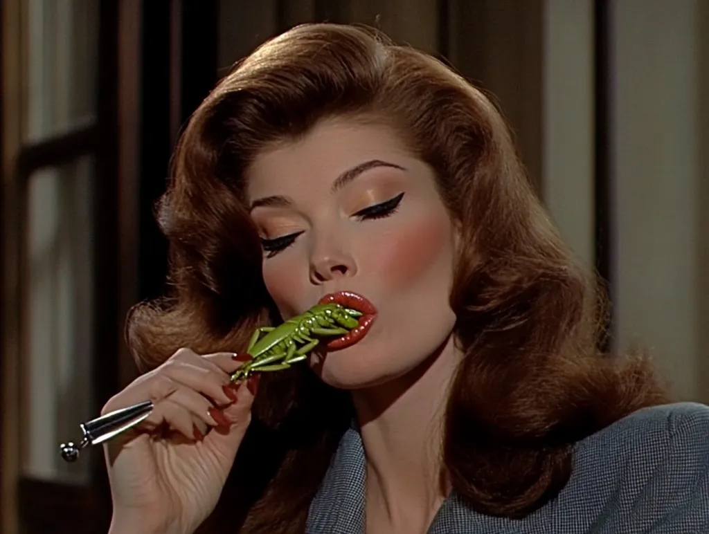 A woman with long, red hair styled in a glamorous updo is biting into a fake grasshopper on a silver stick. She is wearing a blue suit jacket with a hint of a patterned shirt underneath. Her makeup is dramatic with heavy eyeliner and red lipstick. The image is likely a still from a film or photoshoot, with a vintage aesthetic.  The scene creates a playful and slightly unsettling contrast between the woman's elegant appearance and the unusual food.