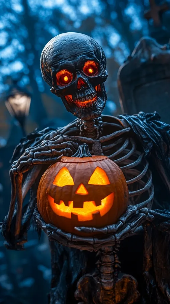 A skeletal figure with glowing red eyes holds a carved pumpkin with a lit candle inside. The figure is dressed in a tattered cloak, and the background is blurred with a blue-green hue, suggesting a spooky atmosphere. The scene evokes a sense of Halloween and the eerie, yet playful, spirit of the holiday.