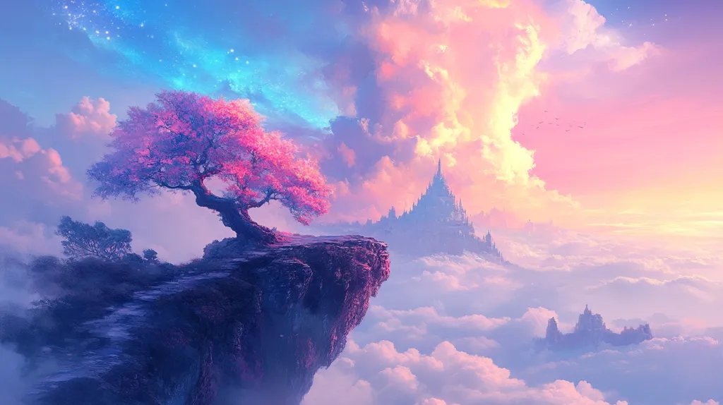A lone cherry blossom tree stands on a cliff overlooking a sea of clouds. A distant castle sits on a mountain peak, bathed in the soft glow of a pink and blue sunset. The sky is filled with fluffy clouds and scattered stars, creating a magical and ethereal atmosphere.