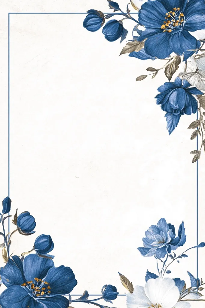 The image is a white background with a blue floral border. The flowers are blue and white with green leaves and stems. The border is thin and blue. The image is simple and elegant.  The flowers are arranged in a way that creates a sense of movement and whimsy. The image would be perfect for a wedding invitation or announcement.