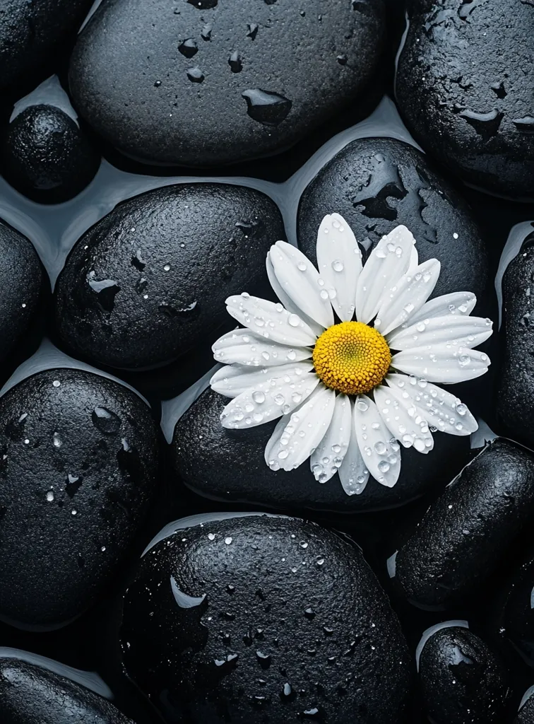 A single, white daisy with a yellow center rests on a bed of smooth, black stones. The stones are wet, with droplets of water scattered across their surfaces. The image conveys a sense of tranquility and serenity, emphasizing the contrast between the delicate flower and the rugged, natural elements.