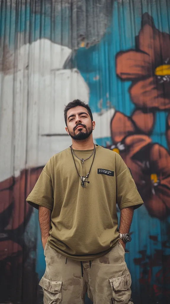 A young man with a beard and a serious expression stands in front of a graffiti wall. He is wearing a green t-shirt with a silver chain necklace, and beige cargo pants. The wall is covered in colorful graffiti with large flower shapes and other abstract designs. The man's posture is relaxed, and he seems to be looking directly at the camera.  The image has a cool and stylish vibe.