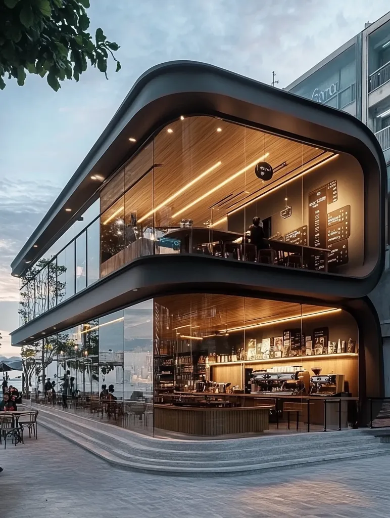 The image shows a modern, sleek cafe with a curved glass facade. The interior is illuminated with warm light, revealing wooden accents and a coffee bar. Tables and chairs are arranged for customers, while the exterior features a walkway and a view of the surrounding cityscape. The cafe's design exudes a contemporary and inviting atmosphere.
