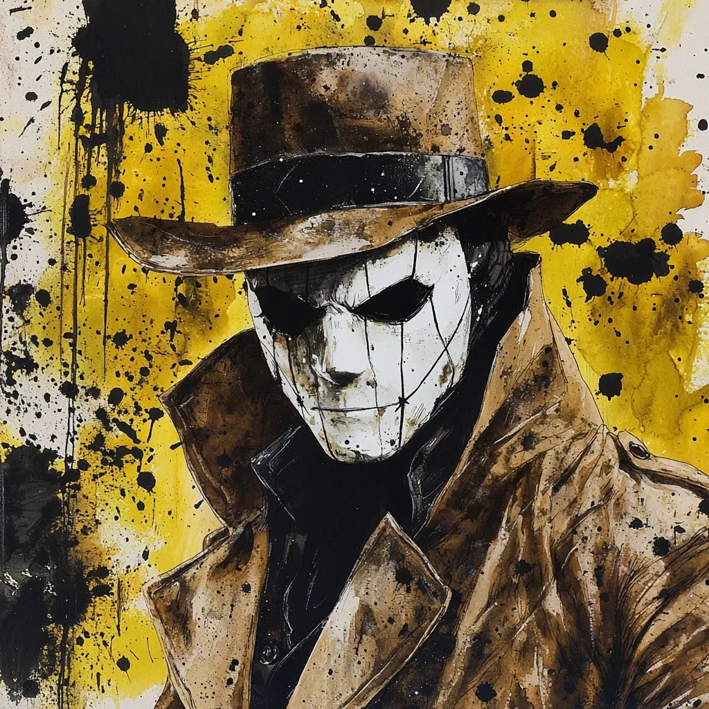 The image depicts a mysterious figure wearing a wide-brimmed hat, a long coat, and a white mask with black lines. The figure's eyes are piercing and their expression is unreadable. The background is a chaotic blend of yellow and black, creating a sense of unease and intrigue. The painting's overall style is reminiscent of a comic book or graphic novel.