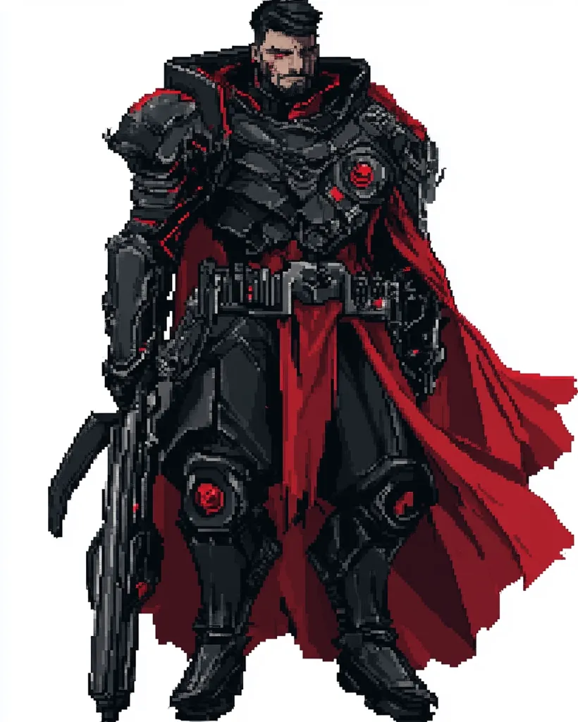 A pixelated warrior stands in a menacing pose, clad in black armor and a flowing red cape. He wields a large, futuristic weapon with a menacing expression on his face. The image is rendered in a retro, 8-bit style, adding to the sense of power and intimidation. His armor is detailed with intricate patterns and glowing red accents, highlighting his strength and technological advancement.