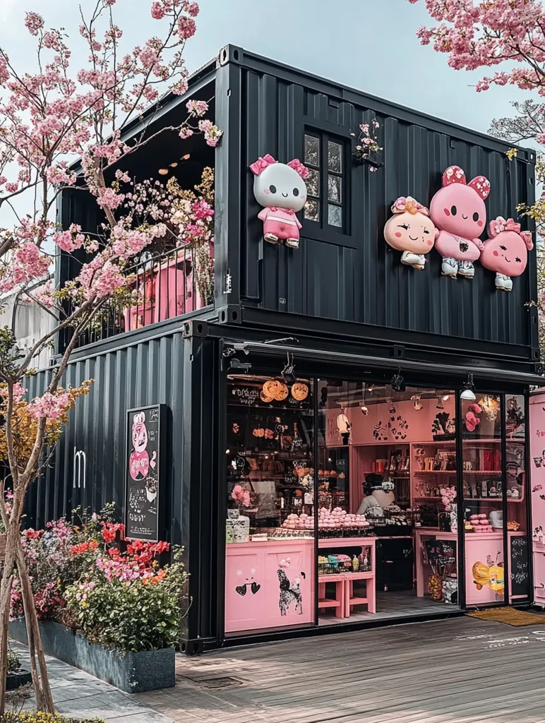 A two-story shop, constructed from black shipping containers, is adorned with pink flowers and cute cartoon characters. The shop has a large storefront window displaying a pink interior filled with colorful treats and decorations. The exterior is decorated with pink flowers and cartoon figures with a whimsical and playful atmosphere. The shop evokes a sense of charm and sweetness.