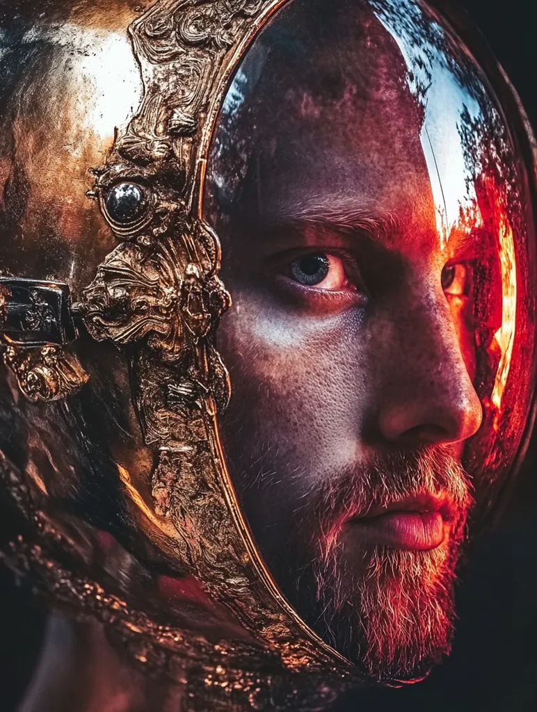 A man with a thick beard wears a helmet with intricate gold ornamentation and a clear visor. The visor reflects a red glow, casting an eerie light on his face. His piercing blue eyes stare intensely, hinting at a hidden story or a struggle within. The image evokes a sense of mystery and intrigue.