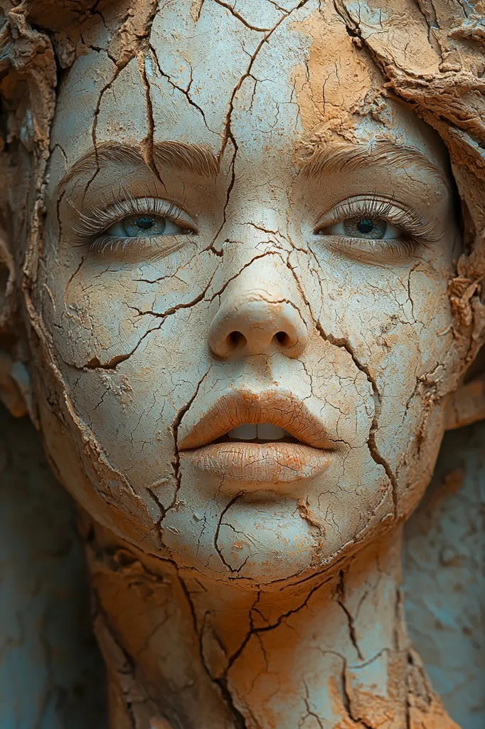 A close-up image of a woman's face covered in cracked, dry, earth-toned makeup. The makeup mimics the appearance of cracked earth, creating a dramatic and unsettling effect. Her eyes are large and piercing, while her lips are slightly parted, suggesting a sense of vulnerability or fragility. The overall image is both captivating and unsettling, evoking a sense of mystery and the passage of time.