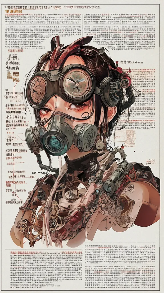 The image is a close-up of a female character wearing steampunk goggles and a gas mask. The character's face is obscured by the mask, but her eyes are visible and seem to be gazing off to the side. The image is set against a backdrop of text and diagrams, which suggests that the character is part of a larger story or narrative. The overall aesthetic of the image is futuristic and industrial, with a strong emphasis on detail and mechanical elements. The image is vibrant and full of life, and the character seems to be both strong and vulnerable.