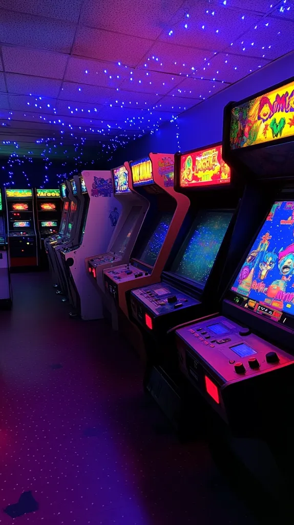 A row of vintage arcade cabinets line a dimly lit room, bathed in a purple and blue glow from the neon lights strung across the ceiling. The cabinets have colorful game titles and graphics, inviting players to step up and try their luck. The atmosphere is nostalgic and playful, transporting viewers back to a simpler time of pixelated fun.