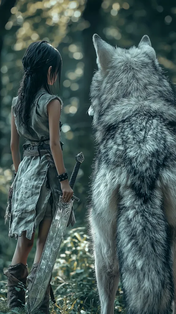 A young woman in a ragged tunic and leather boots stands in a forest, holding a large sword.  She looks towards a large wolf, standing behind her. The wolf's back is towards the camera, its fur is a mixture of white and grey.  The image has a dark, foreboding feel, with a focus on the wild, untamed nature of both the woman and the wolf.