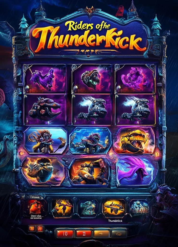 The image shows a video game screen with the title "Riders of the Thunderkick" displayed prominently. The screen features a slot machine with various fantastical creatures, vehicles, and weapons. The slot machine is set against a dark, gothic backdrop. The image suggests a thrilling and action-packed game experience.  There are buttons to play the game and a score counter, with the score currently at 10.