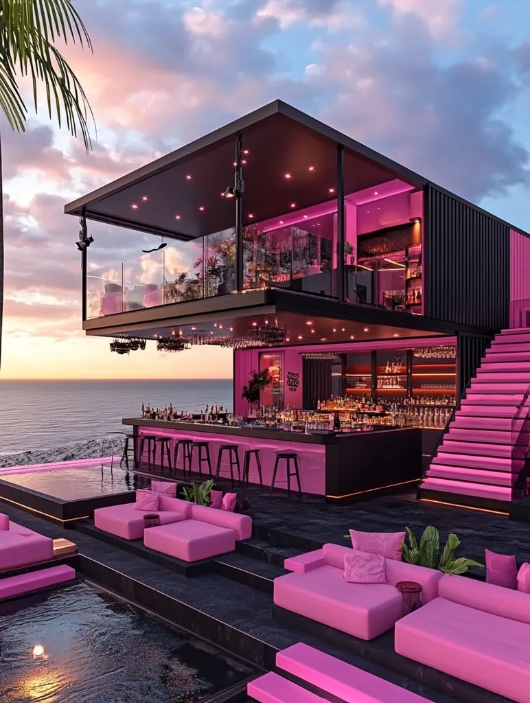 A modern, luxurious bar with a pink and black color scheme sits perched on a cliff overlooking the ocean.  Pink neon lights illuminate the bar and its surrounding outdoor seating area.  Pink lounge chairs are arranged in tiers leading down to an infinity pool, creating a stylish and inviting atmosphere. The scene is bathed in the soft glow of a sunset sky.