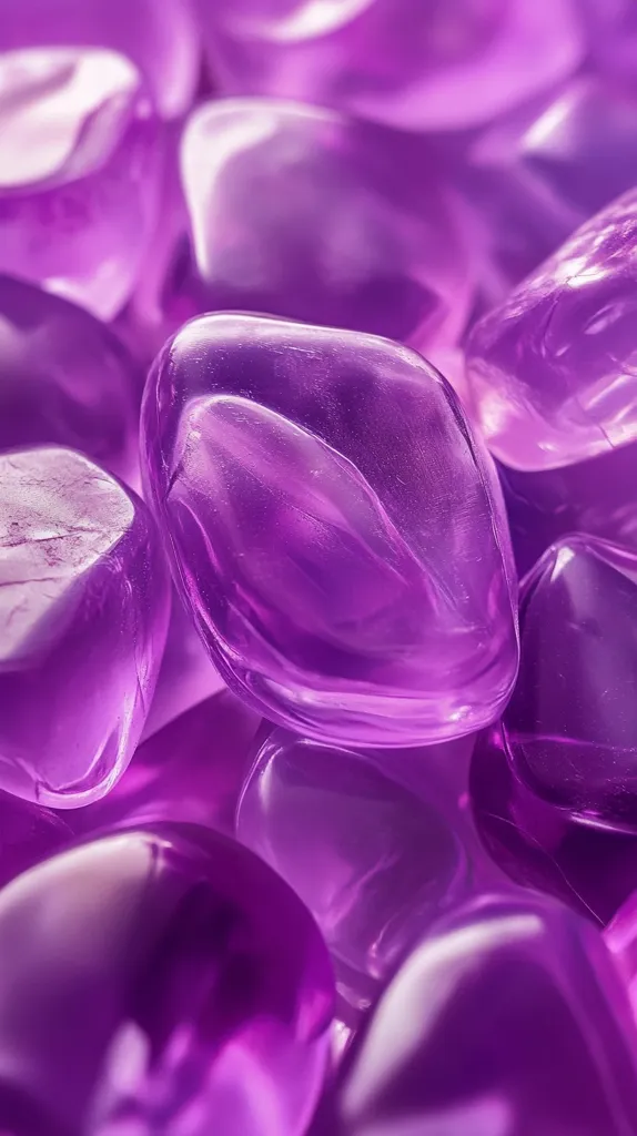 The image shows a close-up of a cluster of smooth, purple, translucent stones. The light catches the surfaces of the stones, creating a soft, shimmering effect. The stones are arranged in a random, yet aesthetically pleasing way.  The colors are rich and vibrant, with a hint of a blueish tint in the purple hues.  The image creates a sense of calm and serenity, and evokes a sense of wonder and beauty.