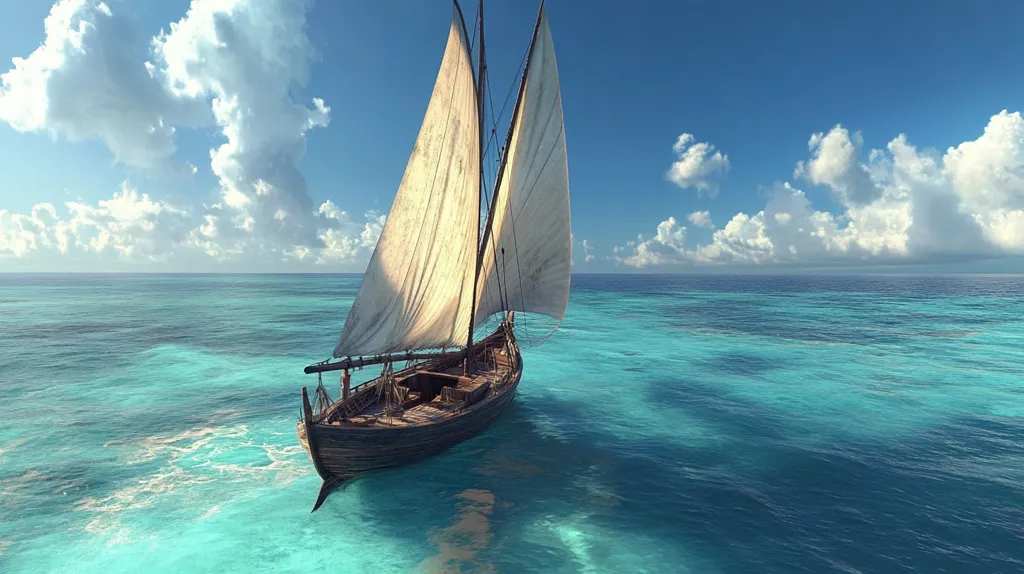 A small sailboat with white sails glides across a tranquil turquoise sea. The sky is a brilliant blue dotted with fluffy white clouds. The vessel is a simple design with a wooden hull, and it appears to be enjoying a peaceful journey. The overall scene is serene and evokes a sense of calm and relaxation.