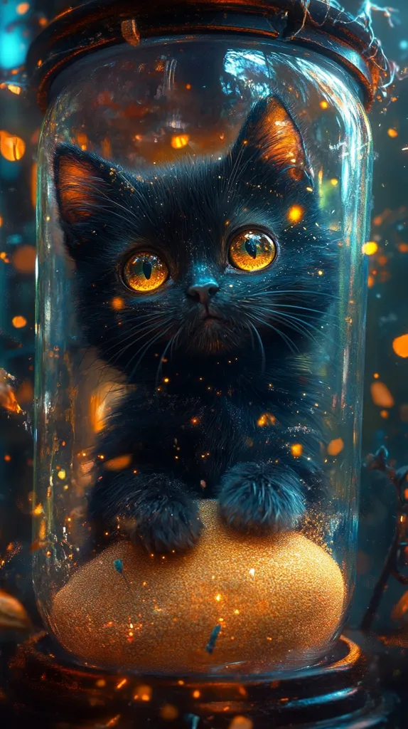 A black kitten with large, golden eyes sits inside a glass jar, its paws resting on a bed of glittering gold. The jar is filled with sparkling lights and the kitten's fur appears almost luminous in the soft glow. The image creates a surreal and whimsical atmosphere.