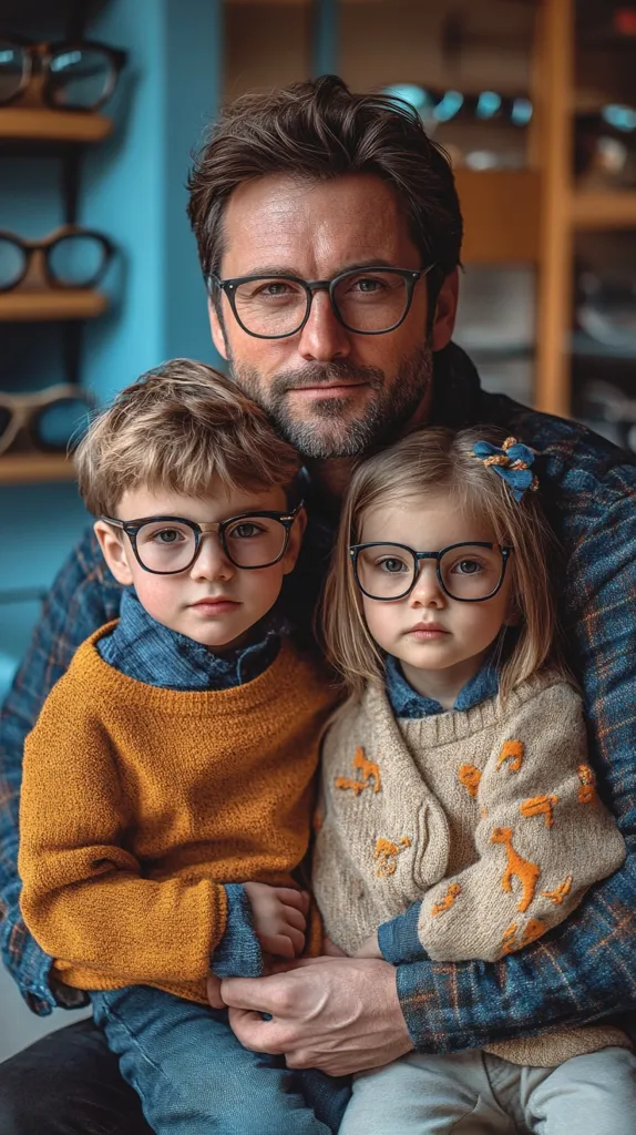 A father holds his two children, a boy and a girl, both wearing glasses. The father is wearing a plaid shirt and the children are wearing sweaters. They are all looking at the camera. The image is warm and loving, capturing the bond between a father and his children.