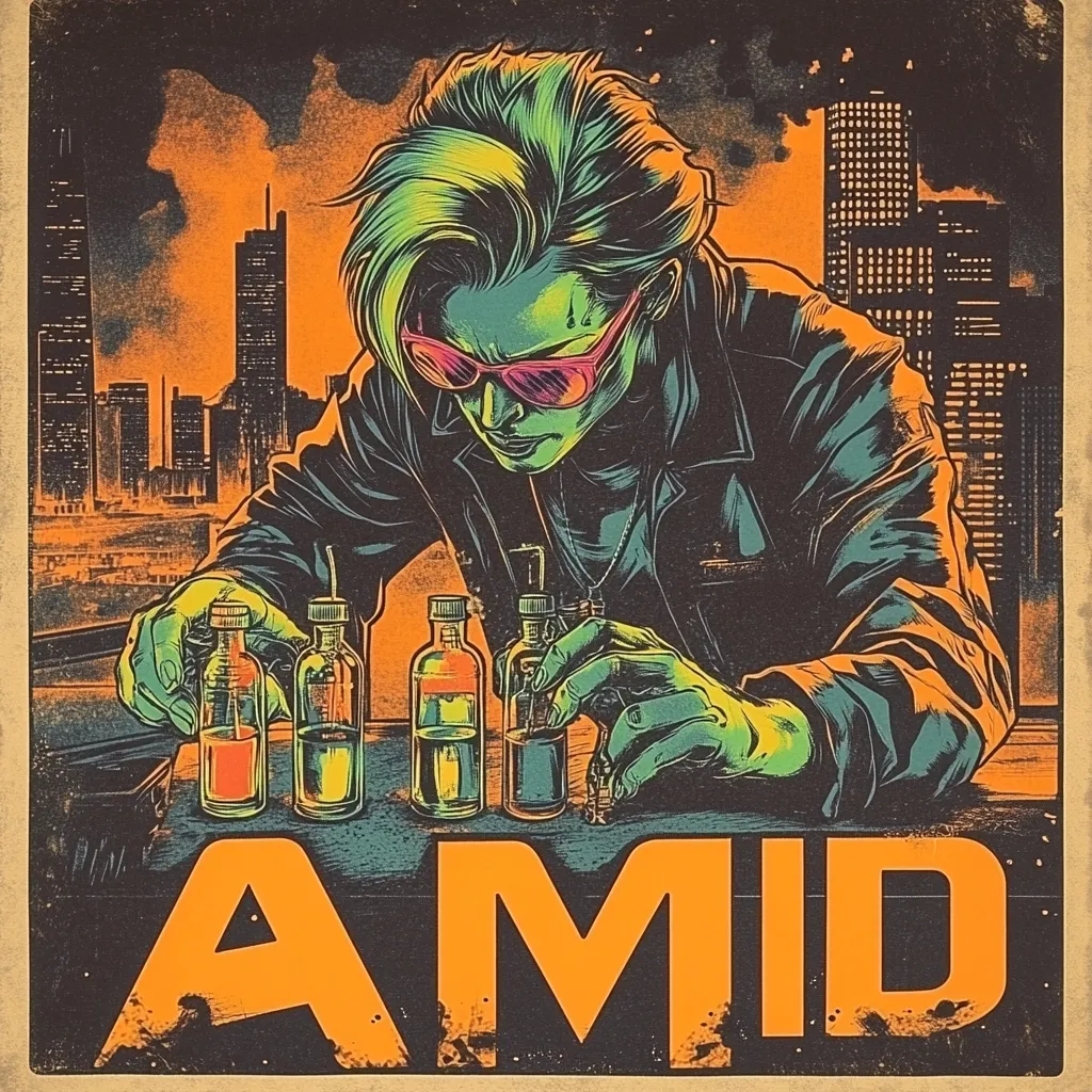 A stylized image of a person with green hair and sunglasses, wearing a leather jacket and bending over a table with four vials. The person is in the foreground and the background is a city skyline at night, with tall buildings and a cloudy, orange sky. The word "AMID" is prominently displayed below the person. The overall aesthetic is gritty and urban.