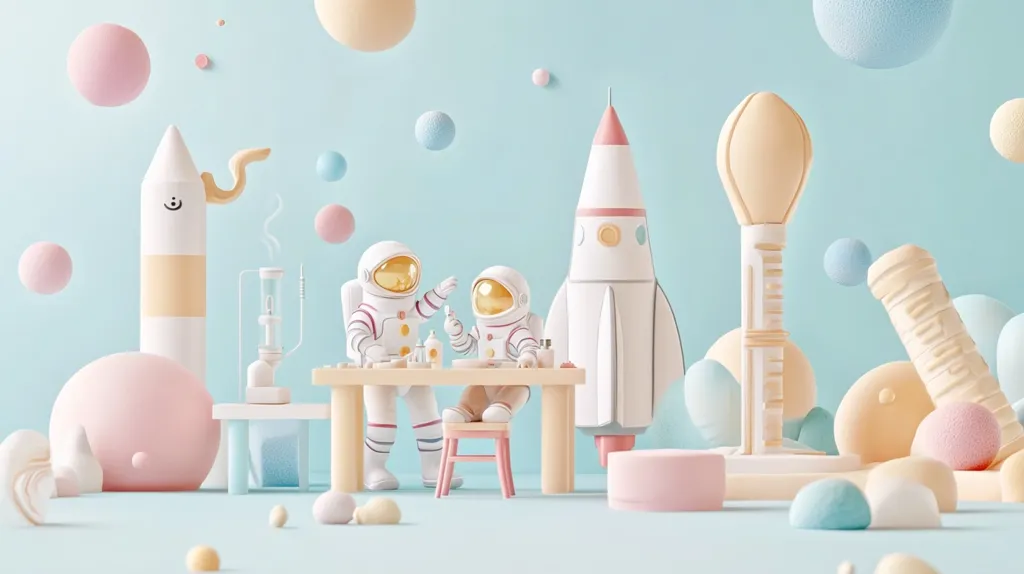 Two astronauts, wearing white and red suits, sit at a small wooden table in front of a white rocket ship. They are surrounded by pastel-colored spheres and cylinders, creating a whimsical and childlike atmosphere. The scene appears to be set in a playful space-themed world.