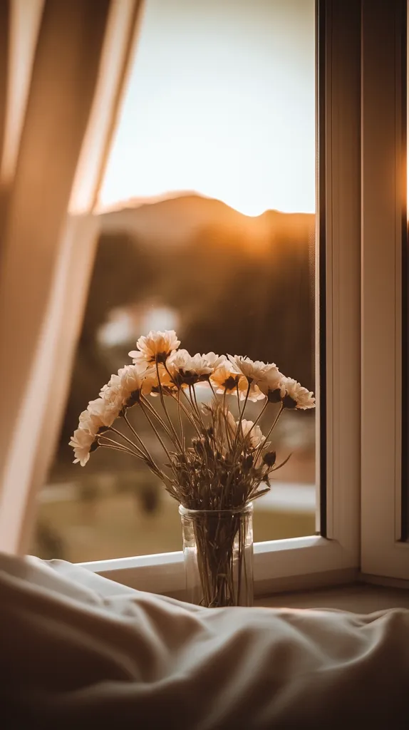A bouquet of white flowers in a glass vase sits on a windowsill.  The vase is positioned in front of a window with a view of a lush, green landscape.  The light from the sunset casts a warm glow over the scene.  A soft, beige sheet drapes over the lower part of the image, creating a cozy and inviting atmosphere.  The image evokes a sense of peace and tranquility.
