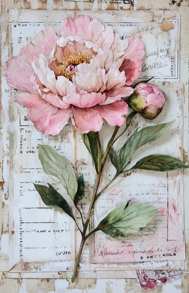 A delicate pink peony blossom, painted in watercolor, is the focal point of this artwork. It is depicted against a background of aged, layered paper, creating a vintage aesthetic. The peony's petals are soft and layered, with hints of yellow in the center. Green leaves extend from the stem, adding depth and contrast to the composition. The overall effect is romantic and nostalgic, evoking a sense of time and beauty.