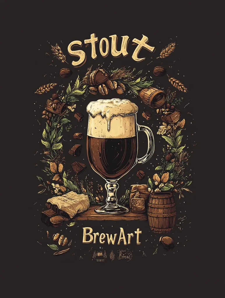 The image is a stylized illustration of a stout beer. A glass of stout is surrounded by elements associated with beer making, such as hops, barley, and barrels. The words "Stout" and "Brew Art" are written in a whimsical, handwritten style. The image has a vintage, almost medieval feel.
