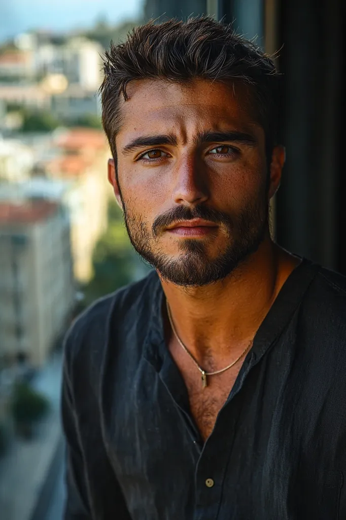 A young man with short, dark hair and a neatly trimmed beard gazes intensely at the camera. He is dressed in a black button-down shirt and a silver chain necklace. The background is out of focus, creating a sense of intimacy. His expression is serious, with a hint of intensity in his dark eyes. The lighting casts subtle shadows across his face, highlighting his strong features.