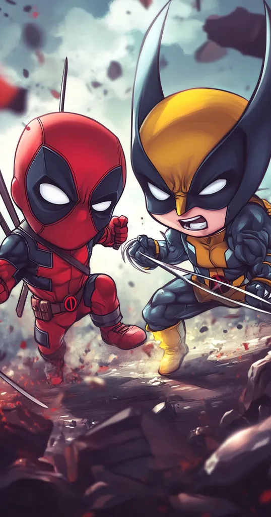 The image features a stylized illustration of two popular comic book characters, Deadpool and Wolverine, in a dynamic pose. Deadpool is in a fighting stance, his red and black suit accentuated by his signature mask. Wolverine, with his signature yellow and blue costume, is launching a fierce attack, his claws extended. The background depicts a shattered cityscape, emphasizing the intensity of the battle. The illustration captures the characters' personalities and fighting styles, showcasing the thrill and excitement of a comic book showdown.