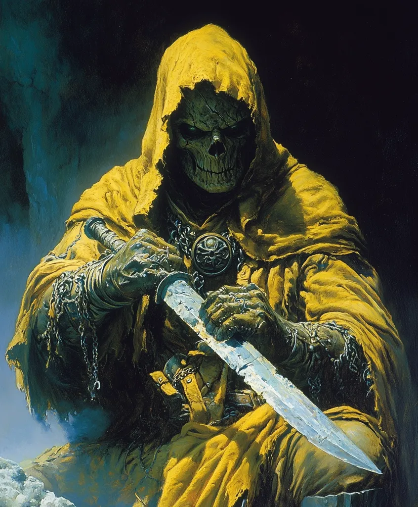 A skeletal figure, cloaked in a vibrant yellow robe, grips a gleaming sword. The figure's skeletal face, obscured by the hood, holds a menacing expression.  Chains adorn the figure's arms and the robe, suggesting a sense of power and danger. The backdrop is a dark, undefined space, emphasizing the figure's presence.  The image evokes a feeling of mystery and impending conflict.