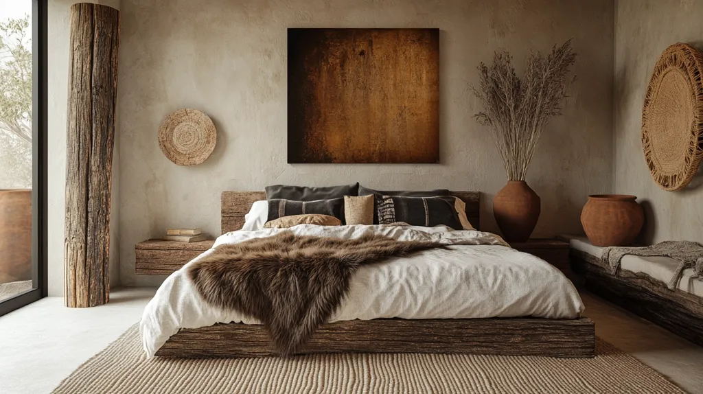 A rustic bedroom with a large wooden bed, a furry throw, and a large painting above the headboard. The room has a natural, earthy feel with wooden floors, walls, and furniture, and features woven wall decor and terracotta pots with dried plants. The bed is neatly made and features white linens and brown throw pillows. The overall design is minimalist and cozy, creating a relaxing and inviting atmosphere.