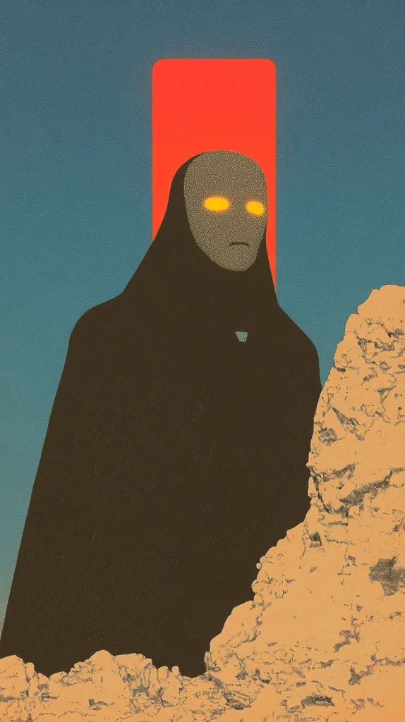 A shadowy figure with glowing yellow eyes stands against a bright red rectangle. The figure wears a black robe and appears to be a humanoid with a flat, expressionless face. The figure stands against a background of a large pile of sand, hinting at an arid landscape.