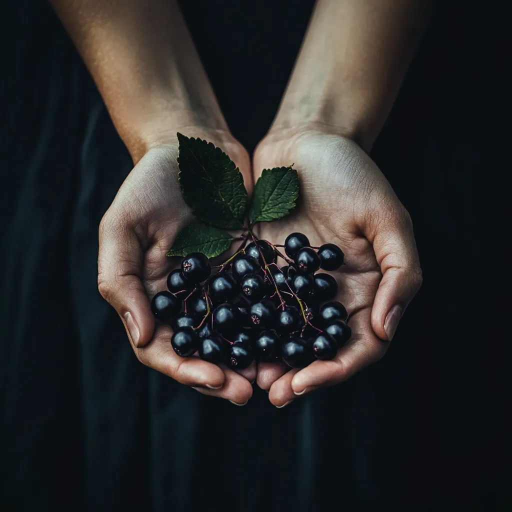 Two hands, one cupped within the other, hold a handful of ripe black berries with a few green leaves still attached. The berries are clustered together, their dark surfaces reflecting the light. The hands are fair-skinned and the background is a dark, almost black, fabric. The image evokes a sense of simplicity and quiet beauty.