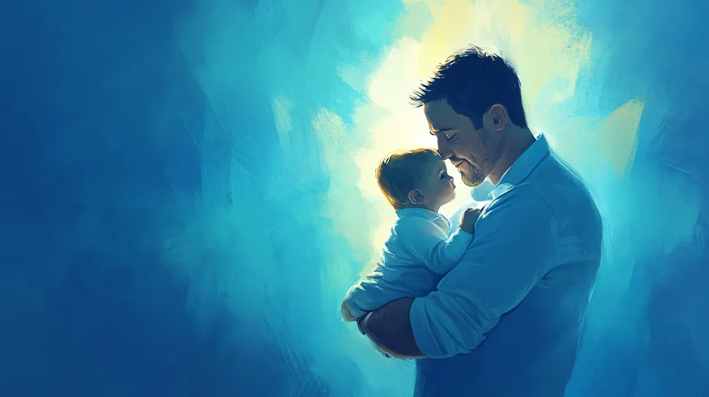 A father cradles his baby in his arms, their foreheads touching. The father is looking down at the baby with a loving expression. The baby is looking up at the father with wide eyes. The background is a soft blue, suggestive of a peaceful and loving atmosphere.  The image conveys a strong sense of love and protectiveness between a father and his child.