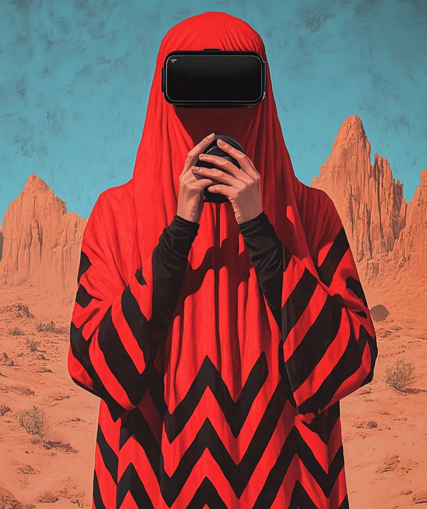 A figure in a red and black patterned robe, with a black VR headset covering their face, stands in a desolate desert landscape. They hold a black object, perhaps a cup, in their gloved hands. The bright red robe contrasts sharply with the dusty red landscape and the clear blue sky, creating a sense of isolation and mystery.  The figure's obscured face adds to the enigmatic aura of the image.