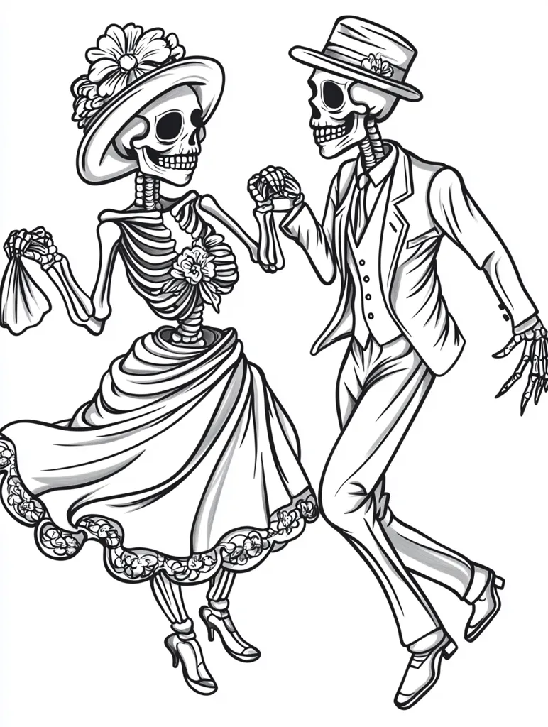A skeletal couple is dancing. The woman is wearing a dress and a hat with flowers. The man is wearing a suit and a hat. They are both smiling. The image is drawn in black and white.