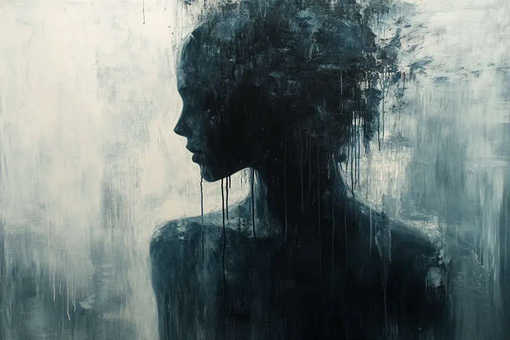 The painting depicts a shadowy figure of a woman, rendered in shades of blue and black. The silhouette is set against a muted, white-grey background, suggesting a sense of isolation or mystery. The woman's face is partially obscured, with only her profile visible, adding to the enigmatic feel.  Thick paint strokes and drips create a textured effect, evoking a sense of depth and emotion. The overall impression is one of melancholy and introspective contemplation.